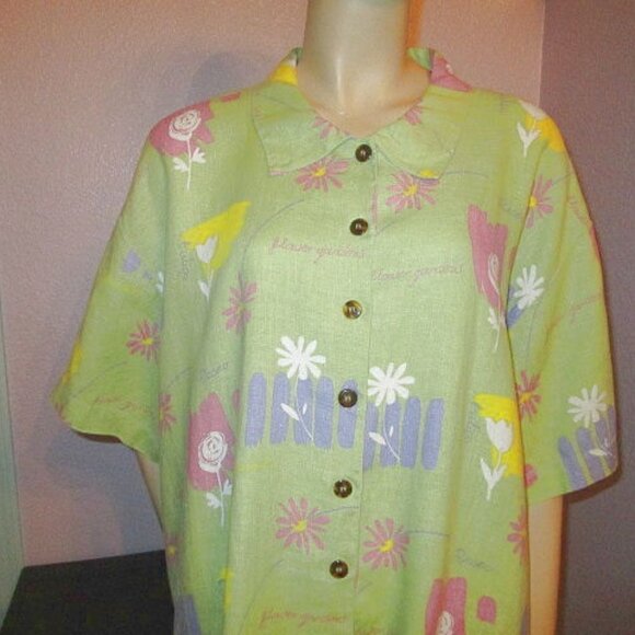 VTG Kiko LINEN Button Up Size 3X BLOUSE Tunic TOP Flowers TROPICAL Lagenlook 80s - Picture 2 of 11